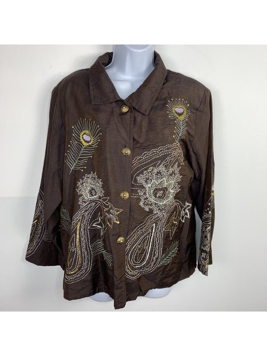 indigo moon Jackets & Blazers - VINTAGE Indigo Moon Womens Blazer Sz L Brown Button Front Feather Embroidery NEW